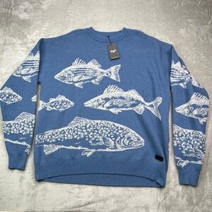 Waggle Freshwater Wildknit Sweater Mens XL Blue Fish Pattern Knit Crewneck Top